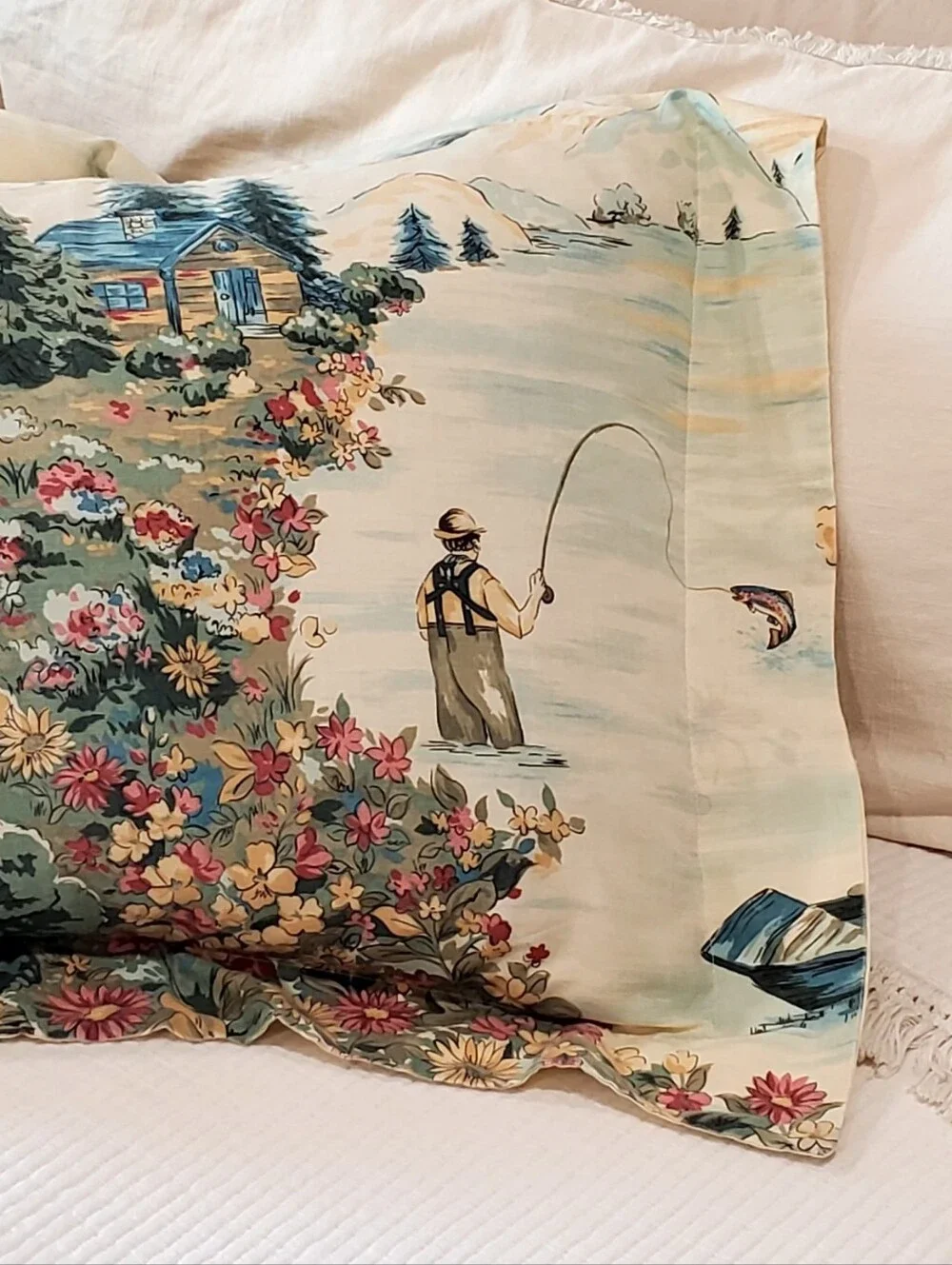 3 Vintage Pillow Shams Fisherman/Cabin/Mountains Creamy Ivory/Blues EUC